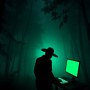 silhouette_of_a_man_in_a_large-brimmed_hat_working_on_a_glowing_green_monitor_and_keyboard_in_a_dense_misty_forest._overhead_futuristic_sci-fi_style_low_contrast_strong_backlighting_moody_atmosphere.jpg